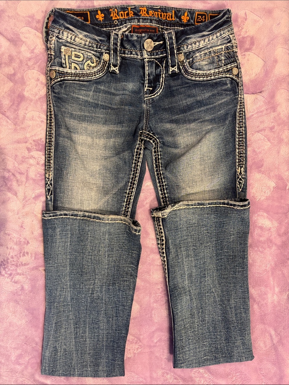 Rock Revival size 24 boot cut Rima style Distressed Jeans in Faded Blue